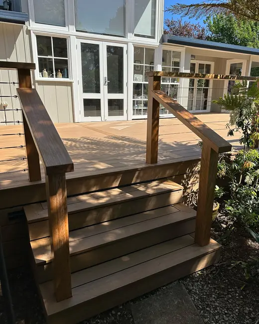 Timber deck with steps and timber handrails